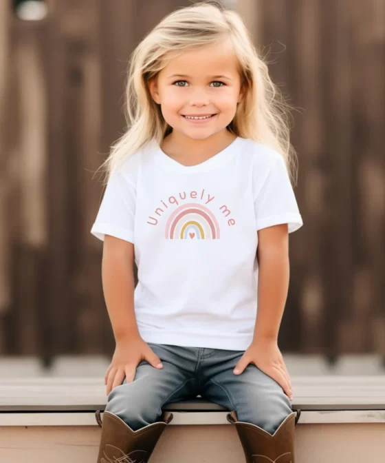 Little girl with long blonde hair smiling at camera wearing tshirt.