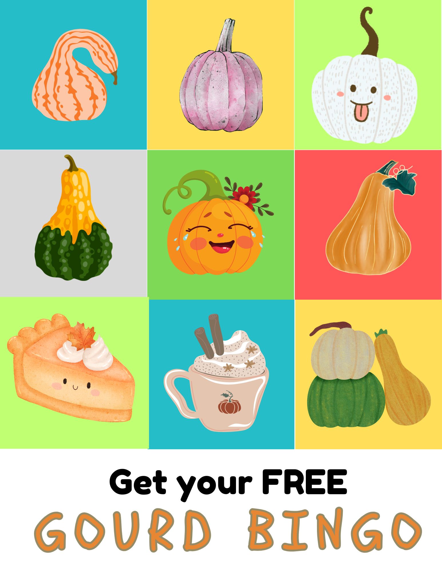 A colorful 3x3 grid of autumn-themed illustrations featuring various gourds, pumpkins, a pie slice, and a mug of hot drink, with the text "Get your FREE GOURD BINGO" at the bottom.